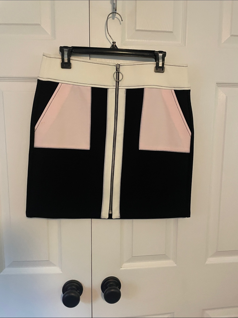 INC International Concepts Black Mini Skirt with Pink Pockets and White Trim
